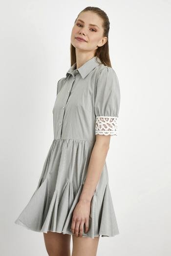 Gömlek Yaka 3/4 Kol Volanlı Mini Elbise