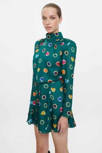 Raisa Vanessa Pili Detaylı Yırtmaçlı Desenli Mini Elbise