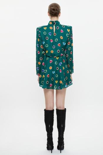 Raisa Vanessa Pili Detaylı Yırtmaçlı Desenli Mini Elbise