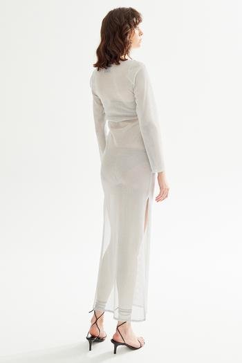 Moda Tutkusu Uzun Kollu Yırtmaçlı Maxi Elbise