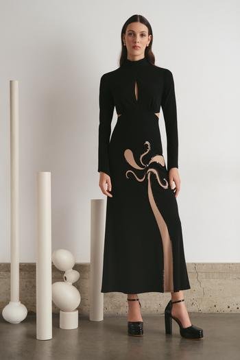 Moda Tutkusu Uzun Kollu Aplike Detaylı Elbise