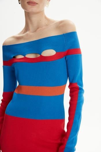 Dekolte Detaylı Renkli Triko Elbise