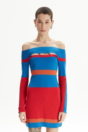 Dekolte Detaylı Renkli Triko Elbise