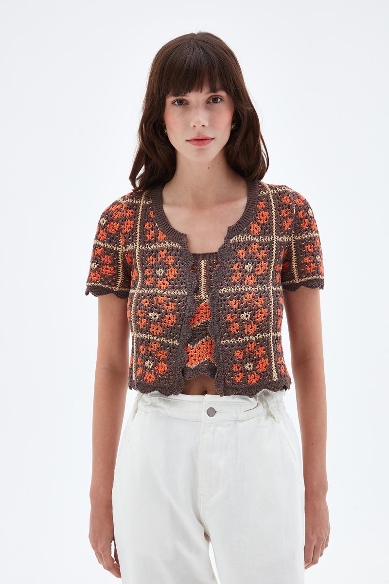 Desenli Crop Triko Hırka