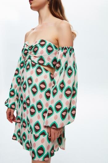 Takılabilir Kollu Desenli Gipeli Mini Elbise