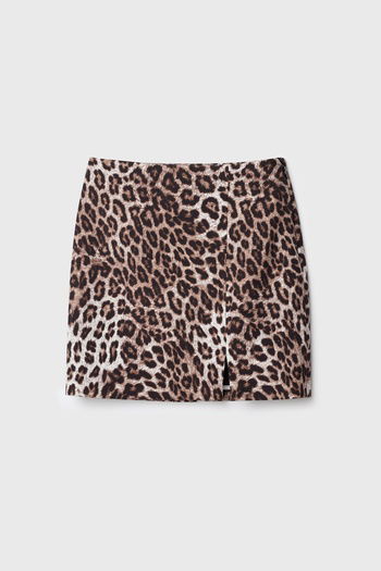 Leopar Desenli Yırtmaçlı Mini Dar Etek