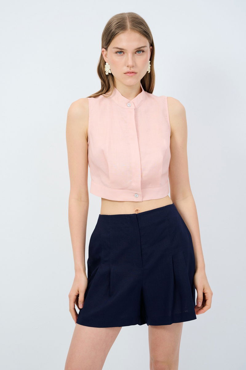 Pileli Keten Crop Bluz