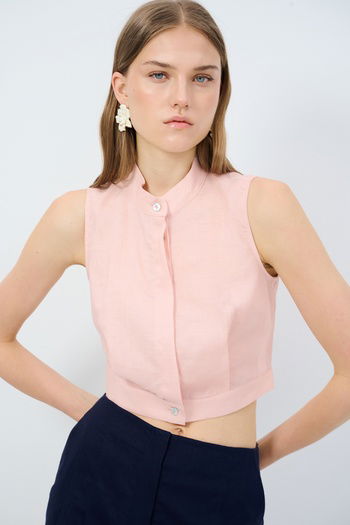 Pileli Keten Crop Bluz