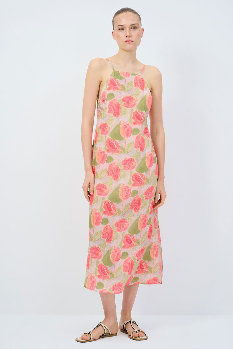 Halter Yaka Keten Elbise